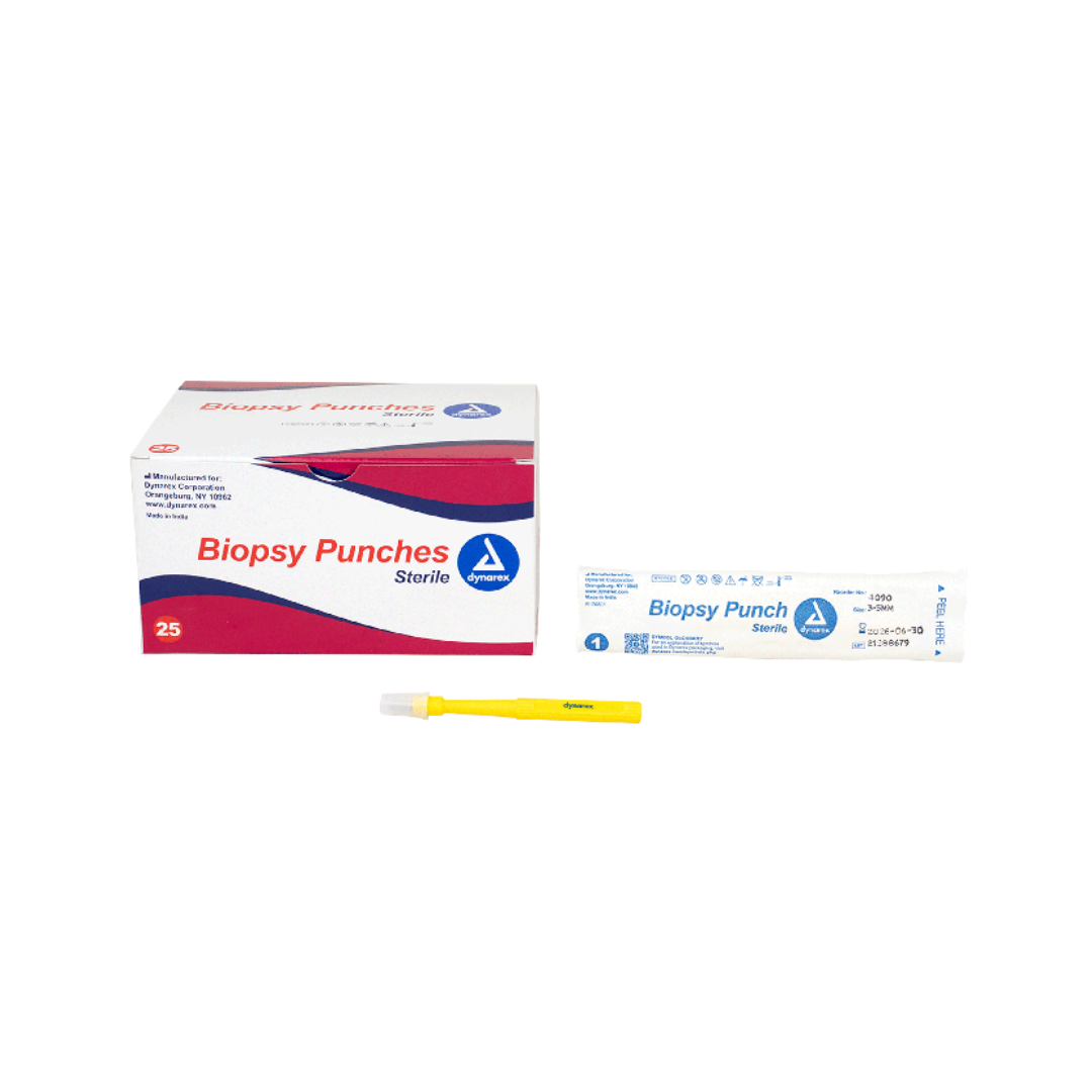 A box labeled Dynarex Sterile Biopsy Punches is displayed with a sealed biopsy punch package and a yellow-handled tool, emphasizing these sterile medical devices designed for precision procedures.